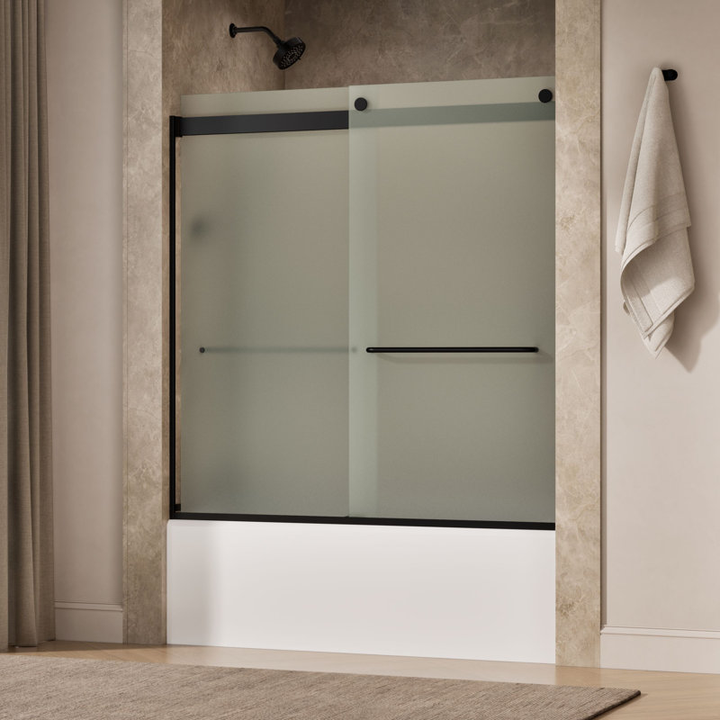 Levity 59.63" x 62" Bypass Bath Door with CleanCoat Technology, Matte Black, Frosted
