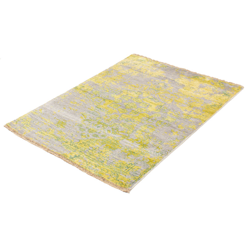 Tapis unique en viscose noué à la main des années 2010 de 4 pi 8 po x 6 pi 5 po cuivre Finnan