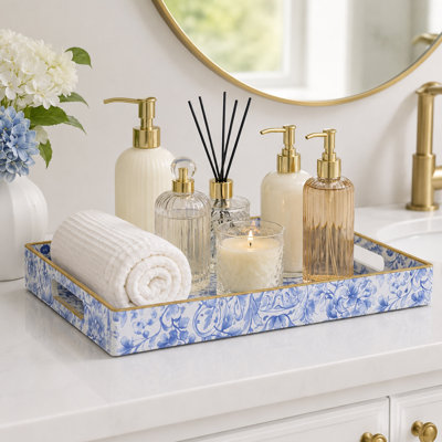 Blue White Peony Decorative Serving Tray with Handles, Rectangular Polypropylene Tray for Home Decor