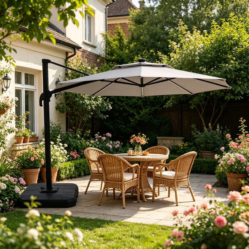 Parasol extérieur octogonal 12 x 11 pi avec construction robuste à 8 nervures et une base lestée dédiée.