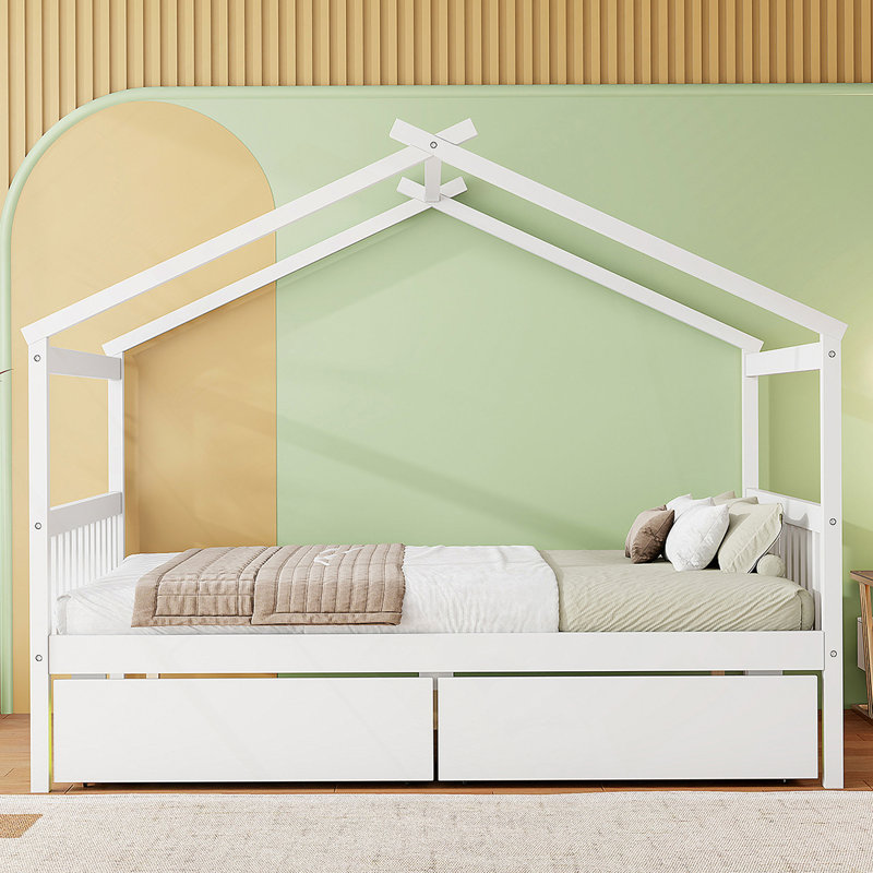 Wooden House Bed with Drawers, White, Full