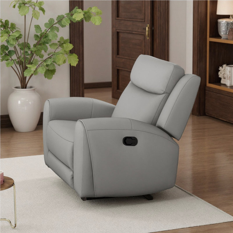 Contour Arms Manual Recliner - Transitional Style with Wide Seat & Top Grain Leather, Gray