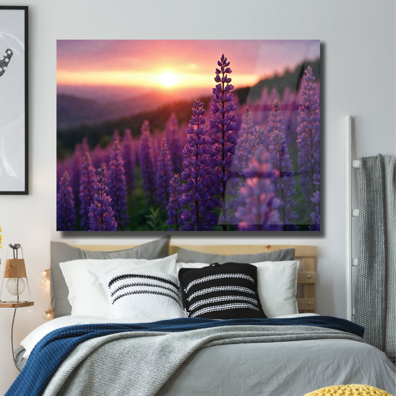 Tableau mural en verre trempé au coucher du soleil sur un lupin violet, H 24 po x l 36 po