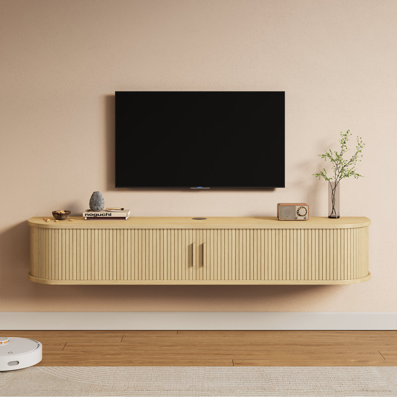 Meuble télé flottant avec lumières RVB, tablette télé murale, H 8,6 po x L 63 po x P 11,6 po, Chêne