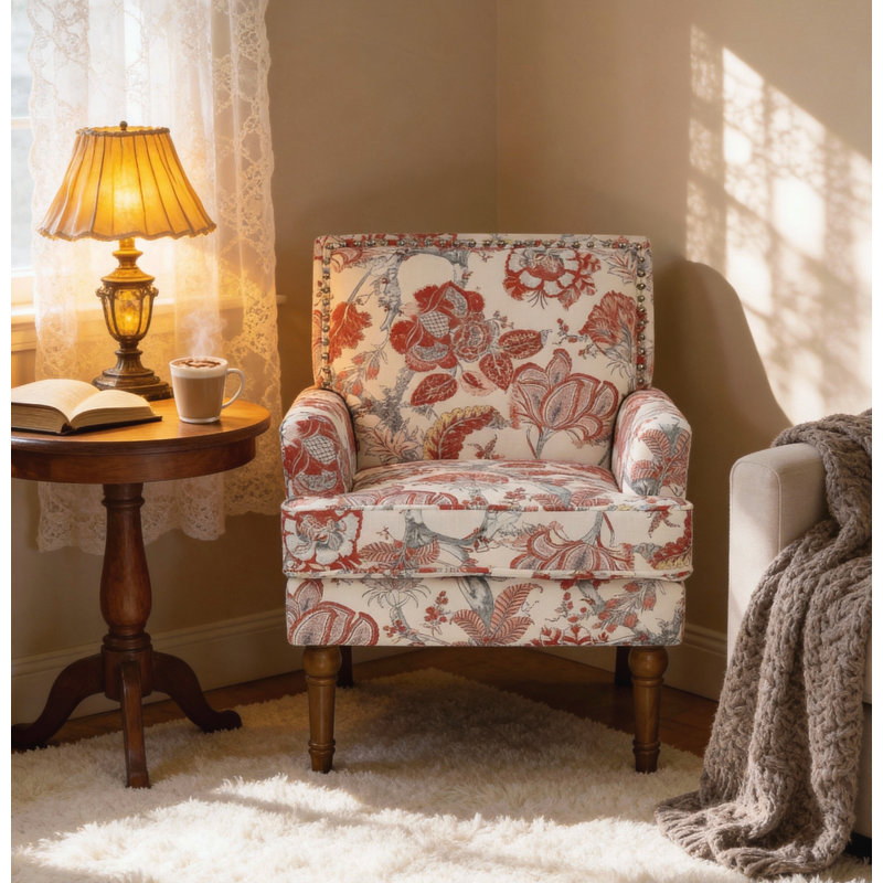 Chaise d'appoint, fauteuil floral, garniture cloutée, Red