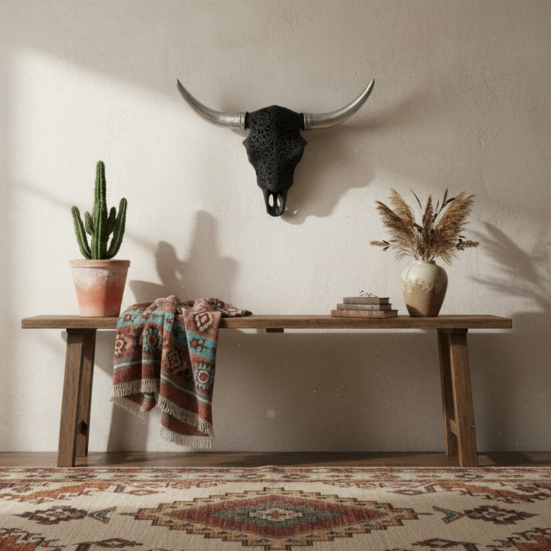 Black Bull Skull Rustic Southwestern Decorative Wall Accent