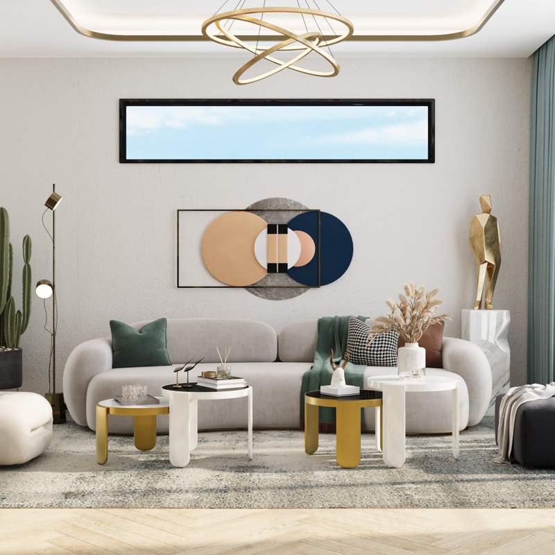 Brass 4 In 1 Self-Defined Nesting Round Coffee Table/End Table, White/Brass