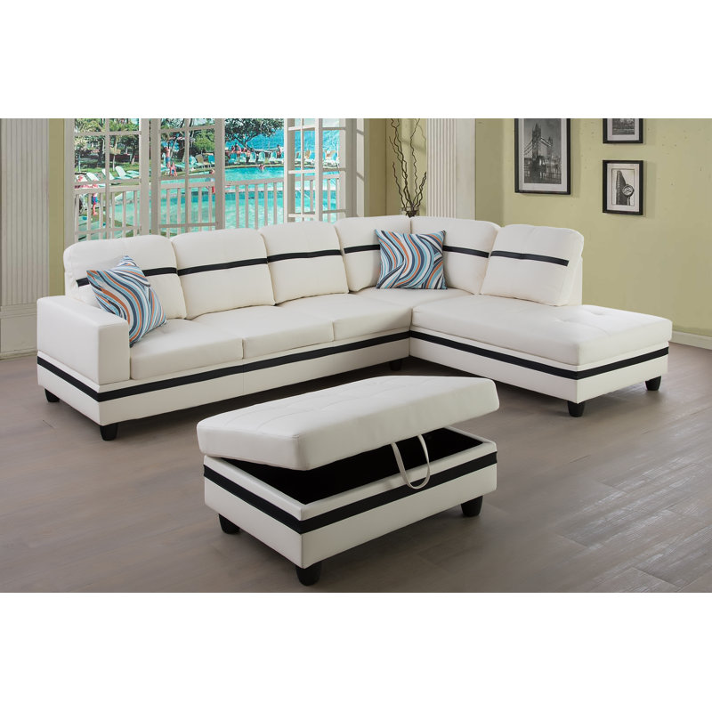 Upholstered Sectional, Right Hand Facing, White/Black Faux Leather