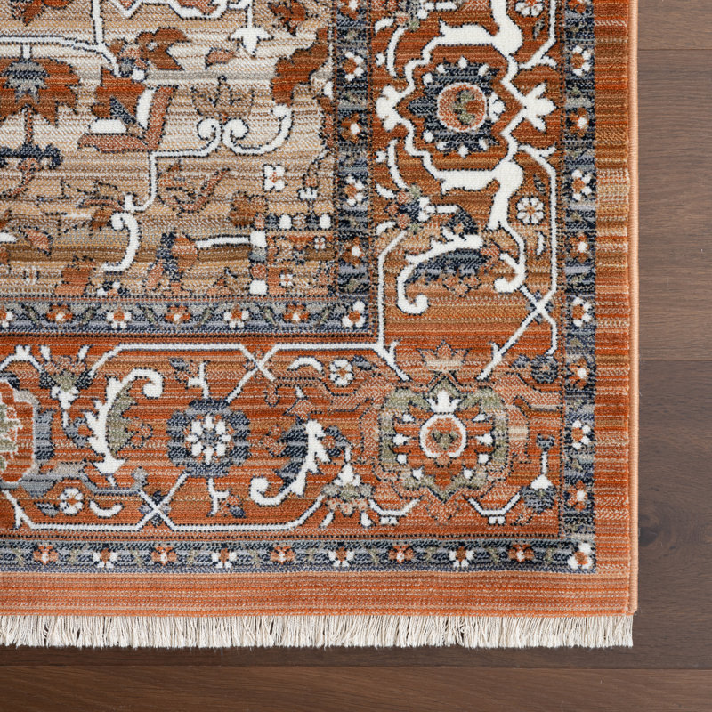 Tapis oriental / persan Valentine pour le salon, la salle à manger et la cuisine, rouille / ivoire, Rectangle 8 pi x 10 pi