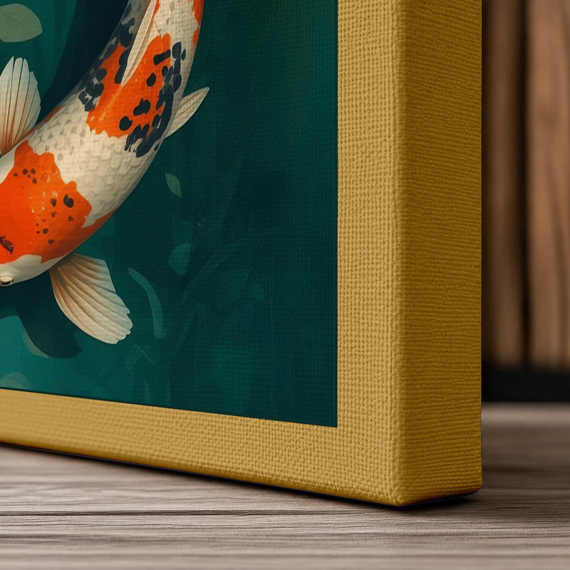 Koi in Teal Water Japandi 1 Piece Wrapped Canvas Wall Art, 24x16 - 61.0 x 40.6 cm, Ochre Border