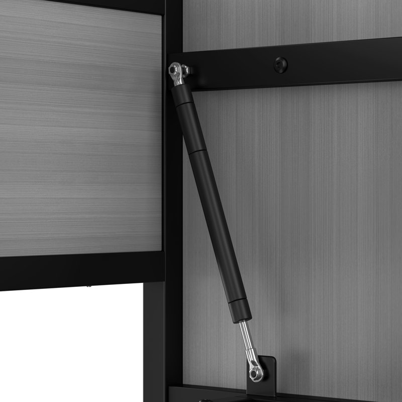 Lit simple mural gris en métal avec tablettes intégrées, pliable et idéal pour les petits espaces, peu encombrant et facile à installer