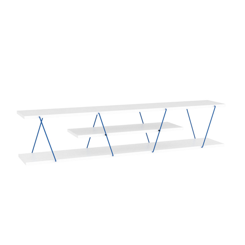 Meuble télé en bois massif avec 4 étagères ouvertes, meuble télé bas de style moderne du milieu du siècle (56 pouces) blanc et bleu, centre de rangement.