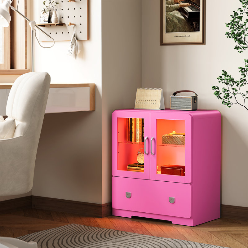 27'' Tall Display Cabinet With Acrylic Doors And LED Lights, Pink 