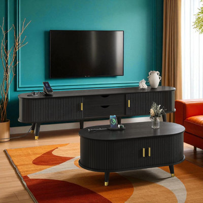Mid-Century Modern Living Room TV Stand & Coffee Table Set with Charging Station & Sliding Tambour Door