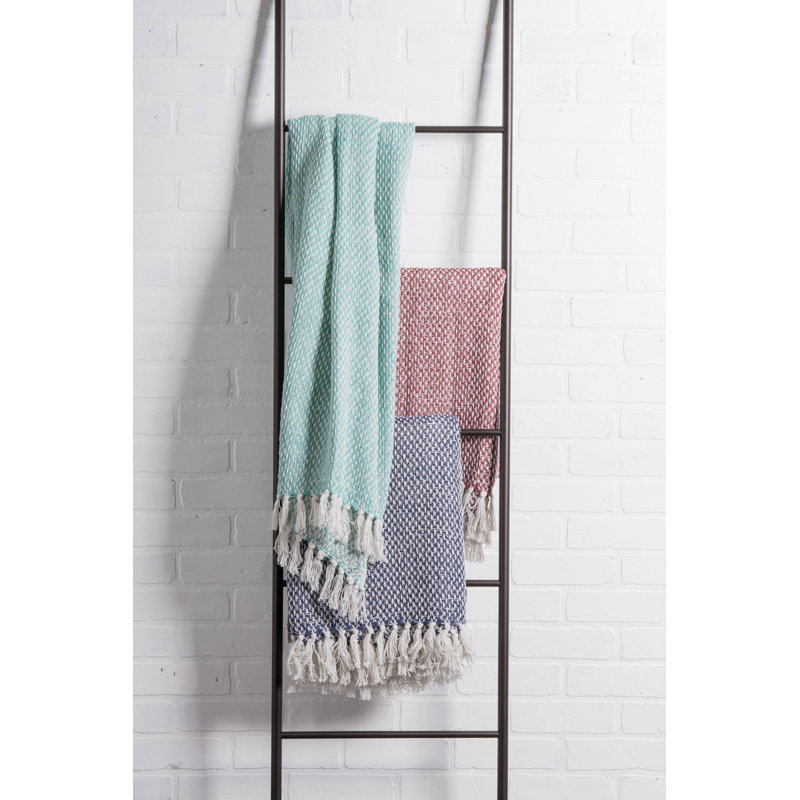 Aqua Blue Cotton Woven Throw Blanket with Fringe