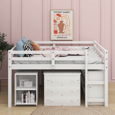 Lit mezzanine bas bas avec commode, tablettes et bureau