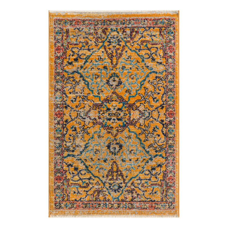 Tapis jaune / bleu / rouge Indigo, Rectangulaire 2 pi x 3 pi