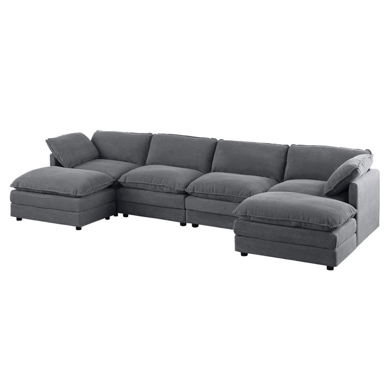 Canapé modulaire en forme de U 6 pièces avec repose-pieds amovible, Velours côtelé gris
