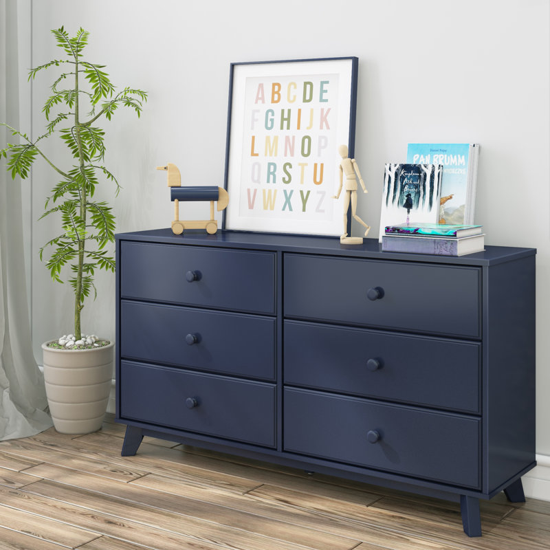 Commode 6 tiroirs en bois massif, Bleu