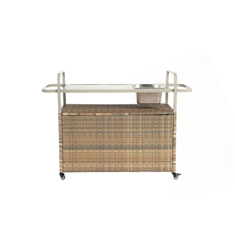 Table de bar d'extérieur en osier avec chariot, Beige