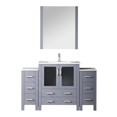 Gris foncé 54 po Meuble-lavabo W avec armoires latérales, comptoir en céramique blanche, robinet et miroir 28 - teint pour une durabilité murale durable
