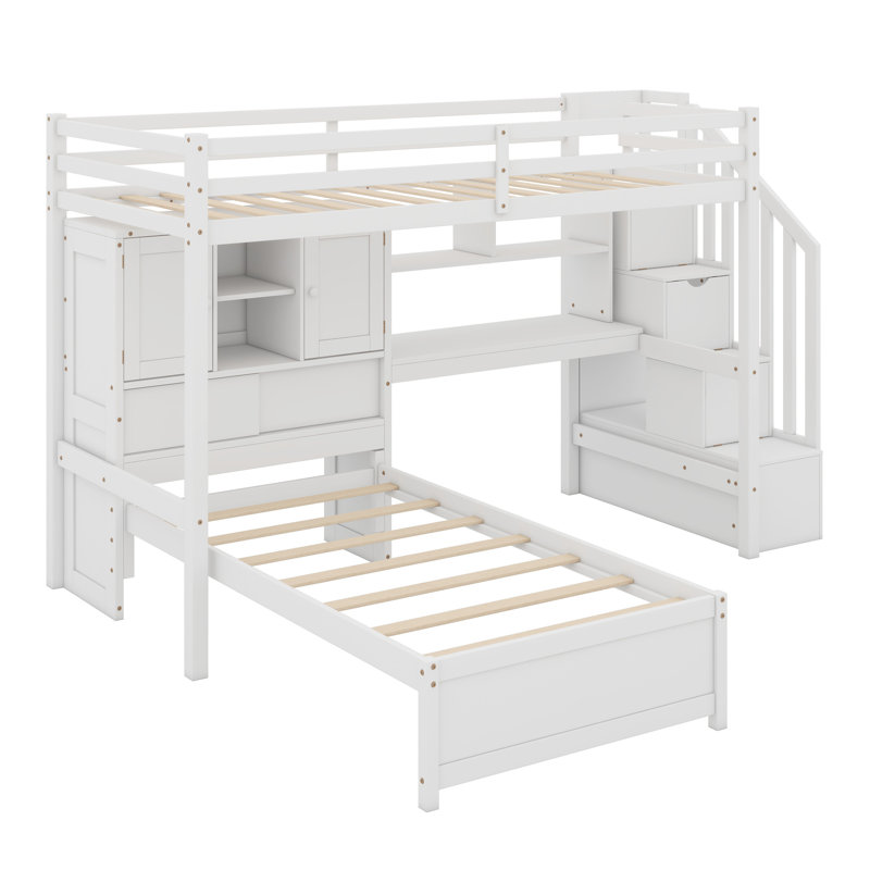 Lit mezzanine avec bureau intégré, escalier, compartiments de rangement et tablettes, Blanc