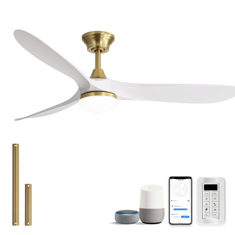 60-Inch 3-ABS Blade Modern Ceiling Fan With Light and Amazon Alexa/Voice/Remote/APP Control（Gold&White）, White Blade