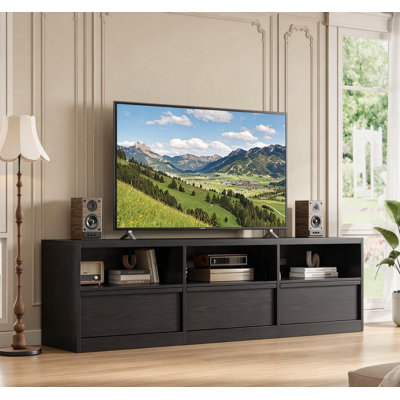 Meuble télé 70 po pour téléviseurs jusqu'à 65-80 po avec grand espace de rangement et tablettes ouvertes
