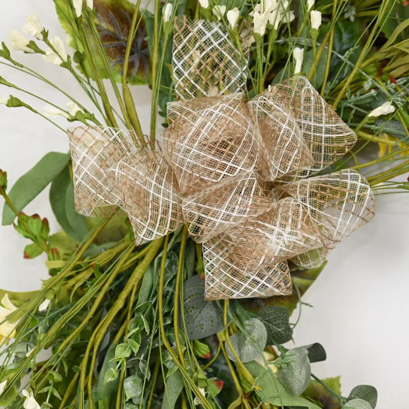Couronne de porte de 26 po à motif de fleurs sauvages artificielles printemps et été, Vert/blanc