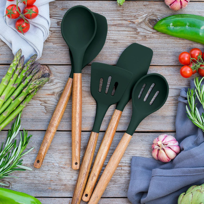 Non-Stick Cooking Utensils, Silicone Kitchen Utensils Set With Natural Acacia Hard Wood Handle, 5 Piece, Green