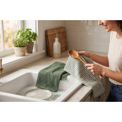 Ensemble de 2 torchons de cuisine vert sauge - 100 % coton éponge, 40 x 60 cm, absorbants et doux, pour la cuisine, les mains et le bar