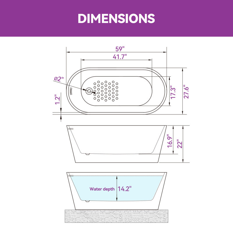 59 in. x 27.6 in. Soaking Bathtub with Side Drain in White/Matte Black