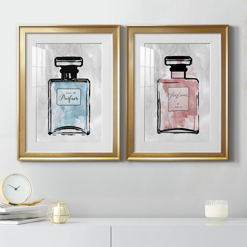 «Blue Wash Perfume», ensemble de 2 reproductions d'art, H 18,5 po x l 49 po x P 1,5 po, Papier encadré doré, Blanc