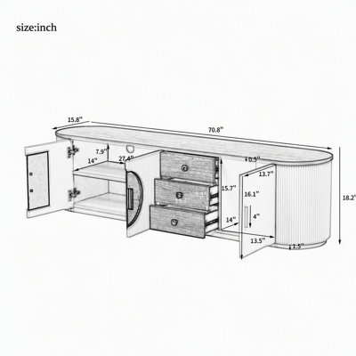 Meuble télé moderne et minimaliste de 180 cm (70,8 po) avec 3 tiroirs, 2 placards et 1 tablette, poignées en métal, centre multimédia pour salon