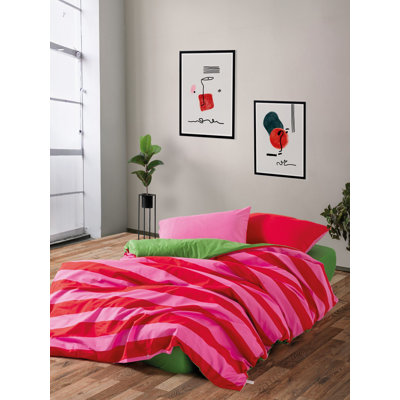 Ensemble de housse de courtepointe 100% coton Ranforce, vert et rose, taille simple (63 x 87) | Comprend un drap-housse (39 x 79 + 12) et une taie d'oreiller (20 x 28) | Impression réactive, lavable à la machine, enveloppe et fermeture à boutons pour une utilisation facile