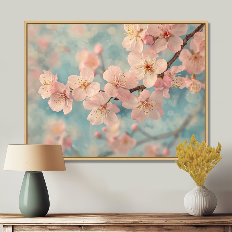 Fleur de cerisier rose au printemps - Art mural fleur de cerisier, H 34 po x l 44 po, Cadre flottant, Argent argent