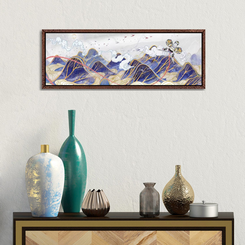 Paper Hawk by Sija Hong - Panoramic Painting on Canvas, 30.48 cm H x 91.44 cm W, Classic Brown Wood Framed