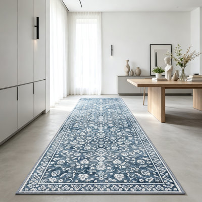 Blue White Vintage Runner 3'x10' Non-Slip Rubber Backed