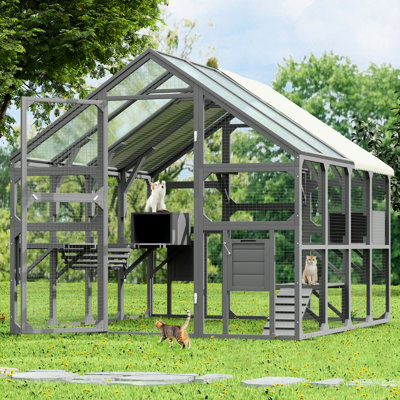 Large Cat Patio For Multiple Cats - Wooden House With 7 Platforms, 2 Resting Boxes, Bridge, Ramp And Walk In Cage, Protected Roof Outdoor Enclosure Co