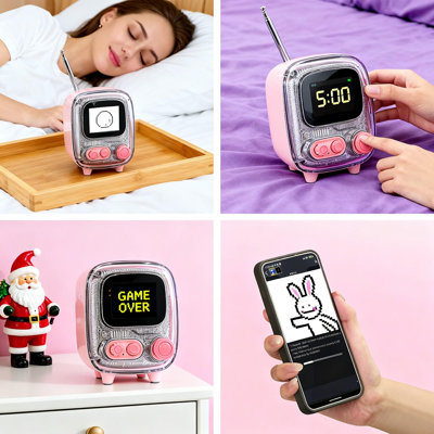 Retro Pixel Bluetooth Speaker, Custom Pixel Art Display, Alarm Clock And White Noise Sleep Mode (Pink)