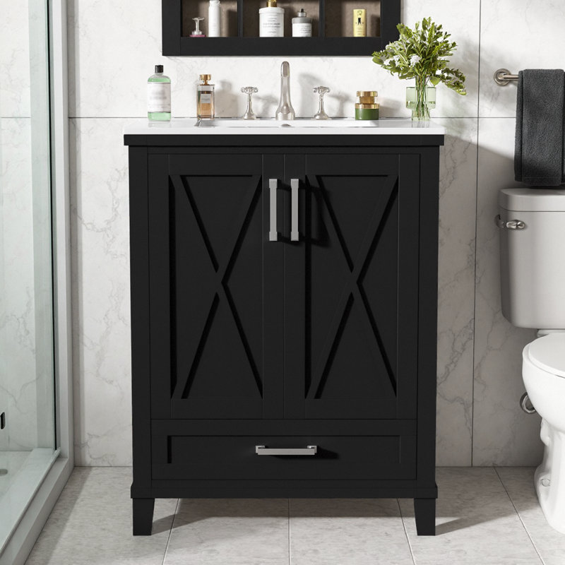 Ensemble de meuble-lavabo moderne 24 po avec lavabo en céramique, portes à fermeture douce et rangement intelligent en noir élégant