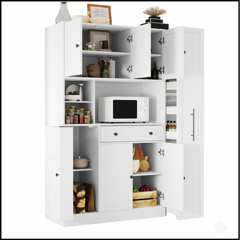 Buffet traditionnel autoportant avec huche, grande armoire de rangement pour garde-manger, armoire latérale coulissante et tablettes de porte pour une organisation efficace