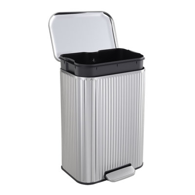 13.2 Gal Fluted Step Trash Can, Stainless Steel, Soft-Close Lid, Removable Inner Bucket, Silver