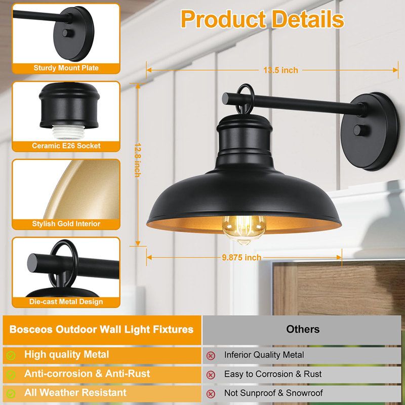 2-Pack Farmhouse Exterior Wall Sconces, Anti-Rust Waterproof Barn Light Fixtures, Outdoor Wall Lanterns with E26 Socket for Patio, Porch, Doorway & Garage