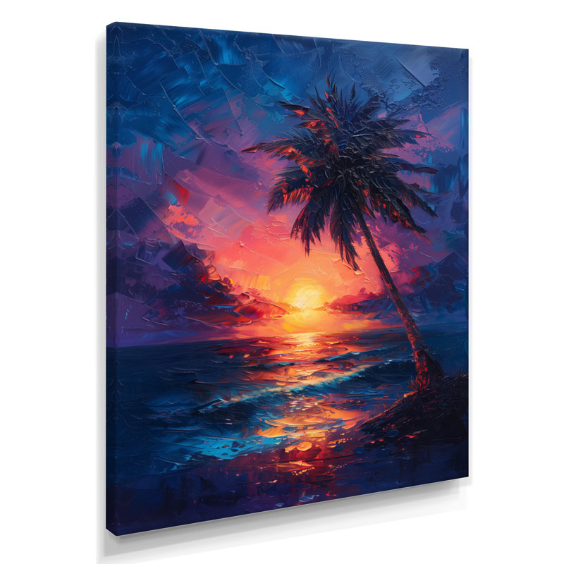 «Pink Palm Trees Sunset Silhouette - Palmiers et palmiers», impression d'art mural, H 30 po x l 40 po, Toile tendue