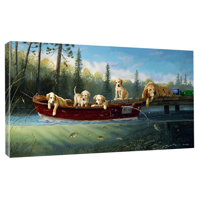 «Fishing Lesson» par Terry Doughty, reproduction, Cadre blanc, H 26 po x l 44 po x P 1 po