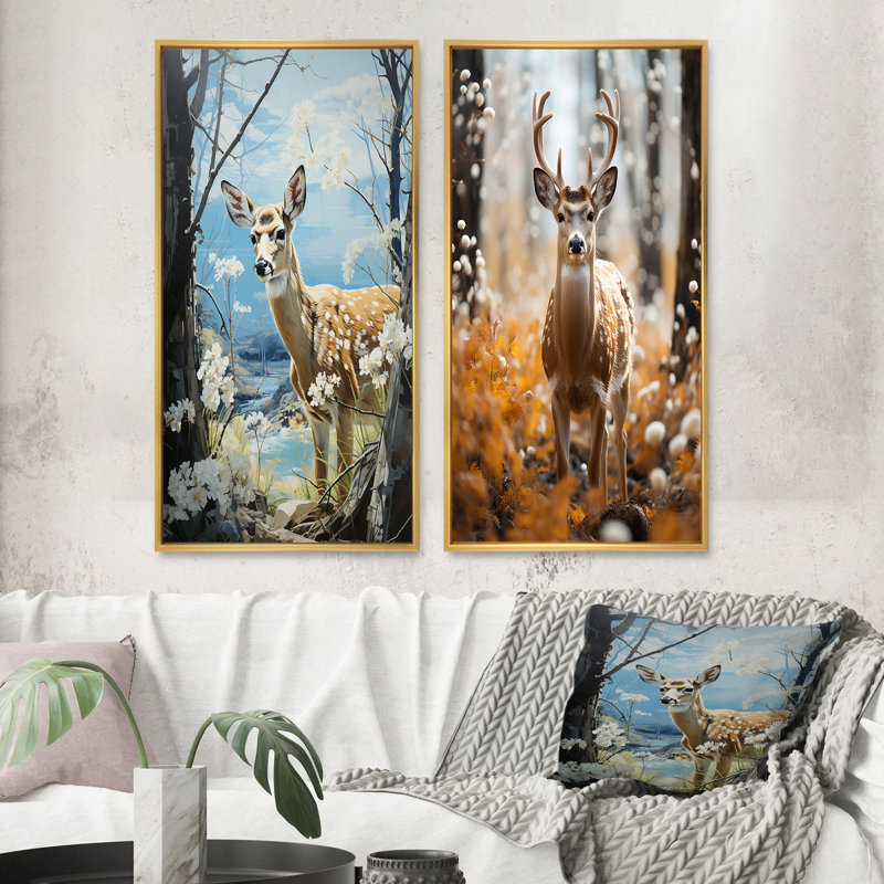 «Deer Graceful Fawn Pastoral», 2 pièces, H 32 po x l 32 po, Encadrement doré