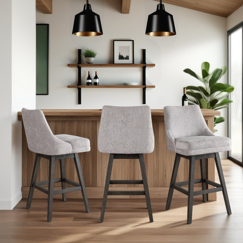 Wasser Solid Wood Upholstered Swivel Barstool With Fabric Seat, Gray Wood, Counter Stool (26” Seat Height), 2