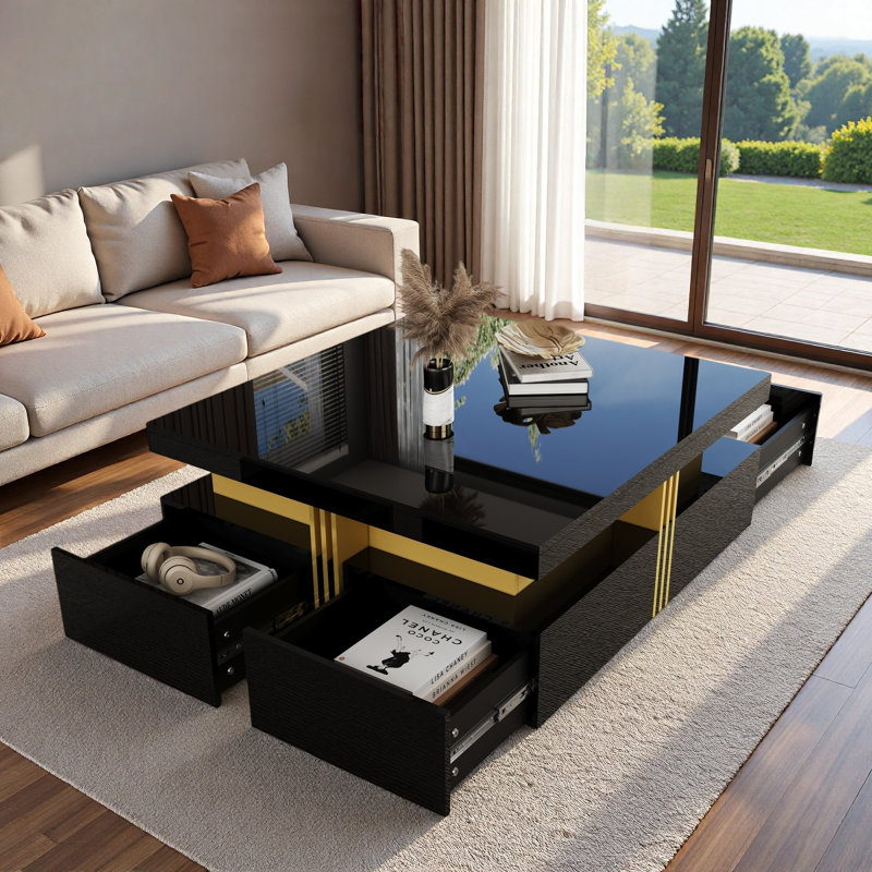Table basse moderne carrée avec 4 tiroirs, Noir