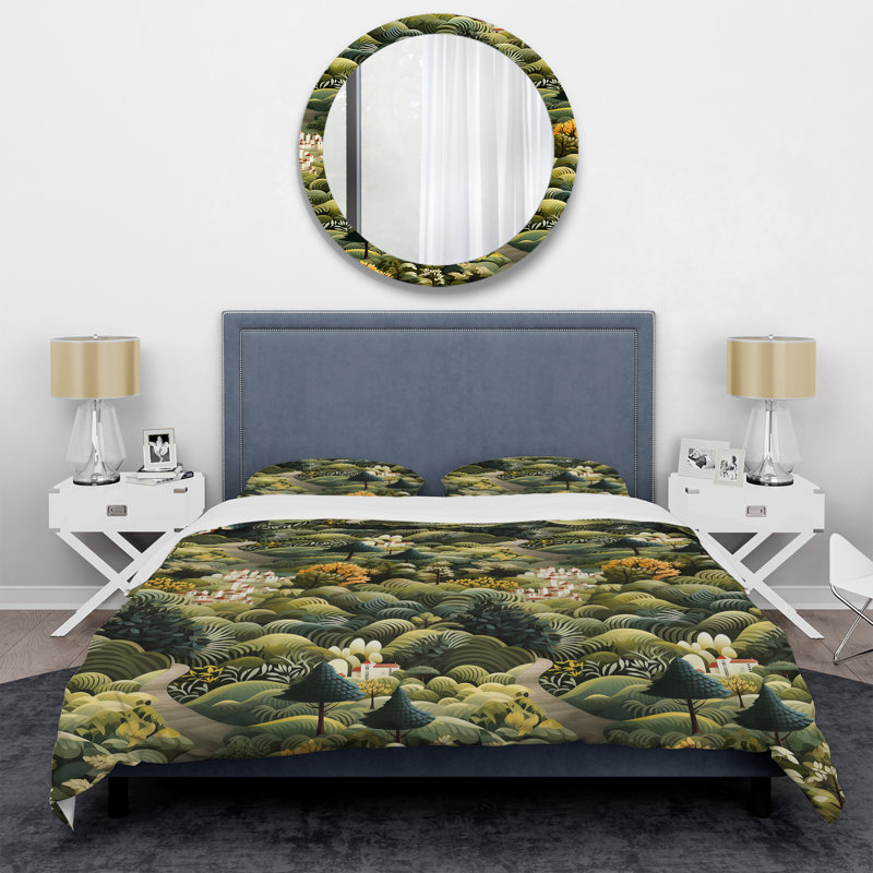 Green Dreamy Forest Landscape Duvet Cover, Queen Duvet Cover + 2 Standard Shams